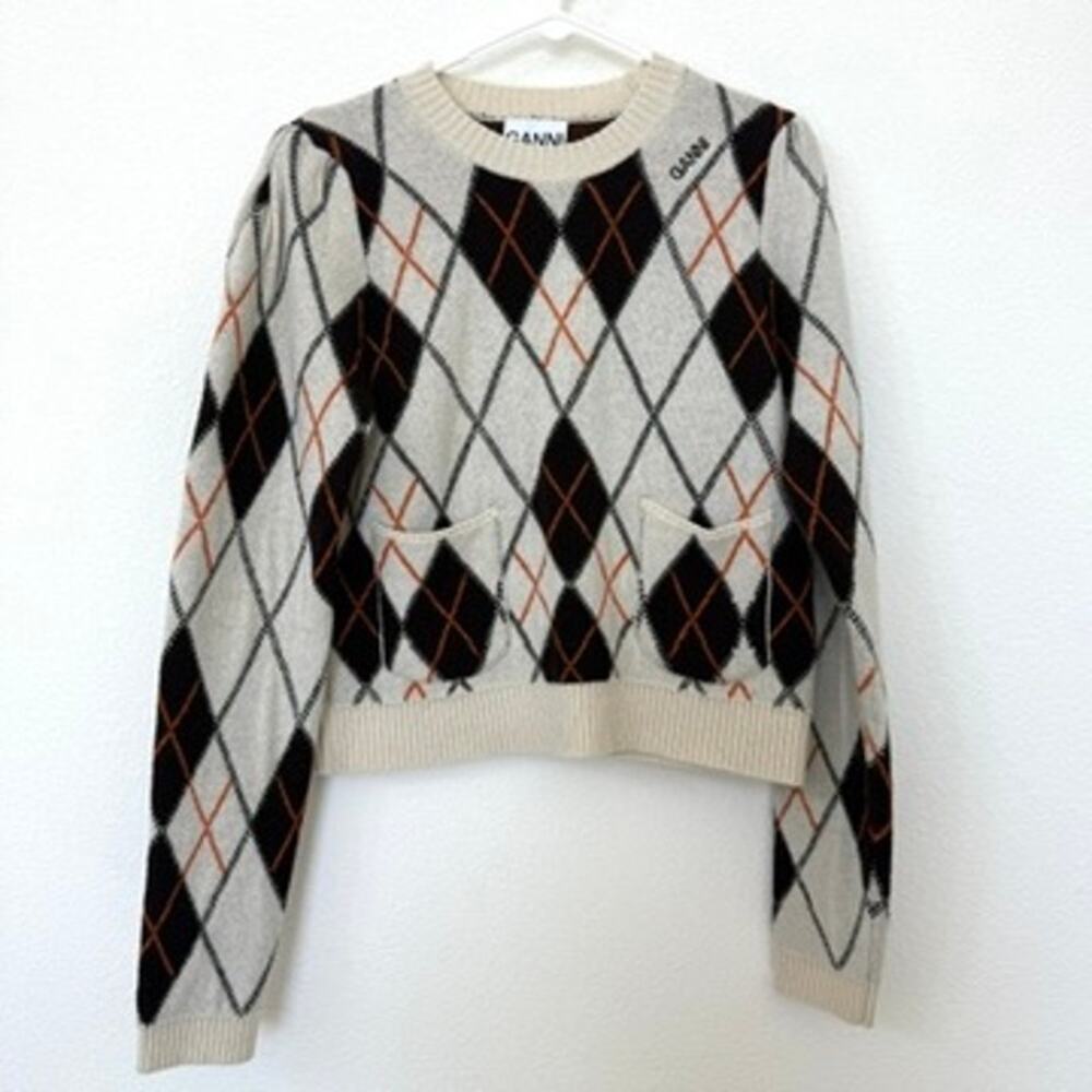 Ganni Argyle Wool Blend Cropped Sweater Beige Black Brown L Academia Cottagecore